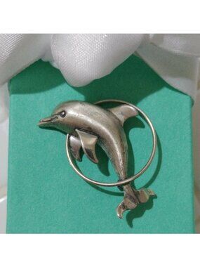 Beau Vintage Sterling Silver Dolphin In Hoop Brooch